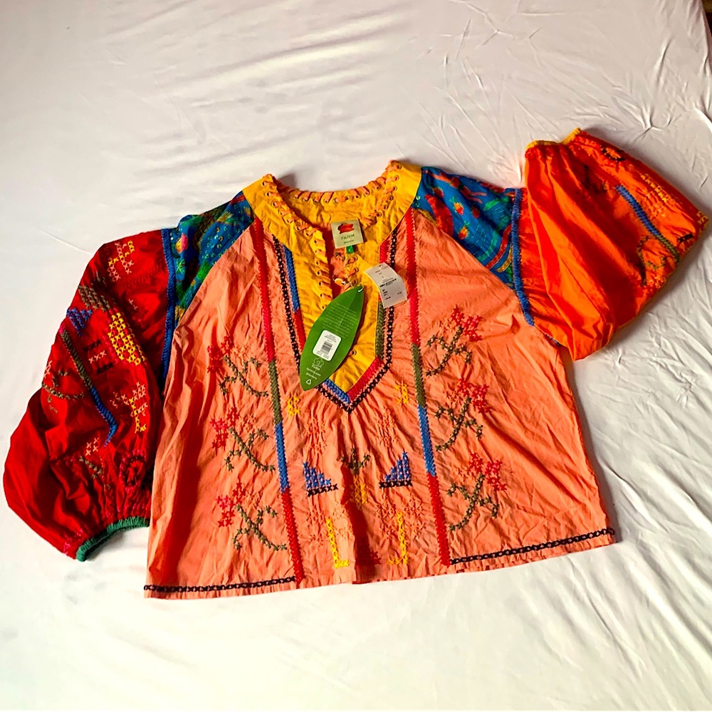 Farm Rio Color-blocking Embroidered Colorful Orange Neon Jungle Blouse  (L) NWoT